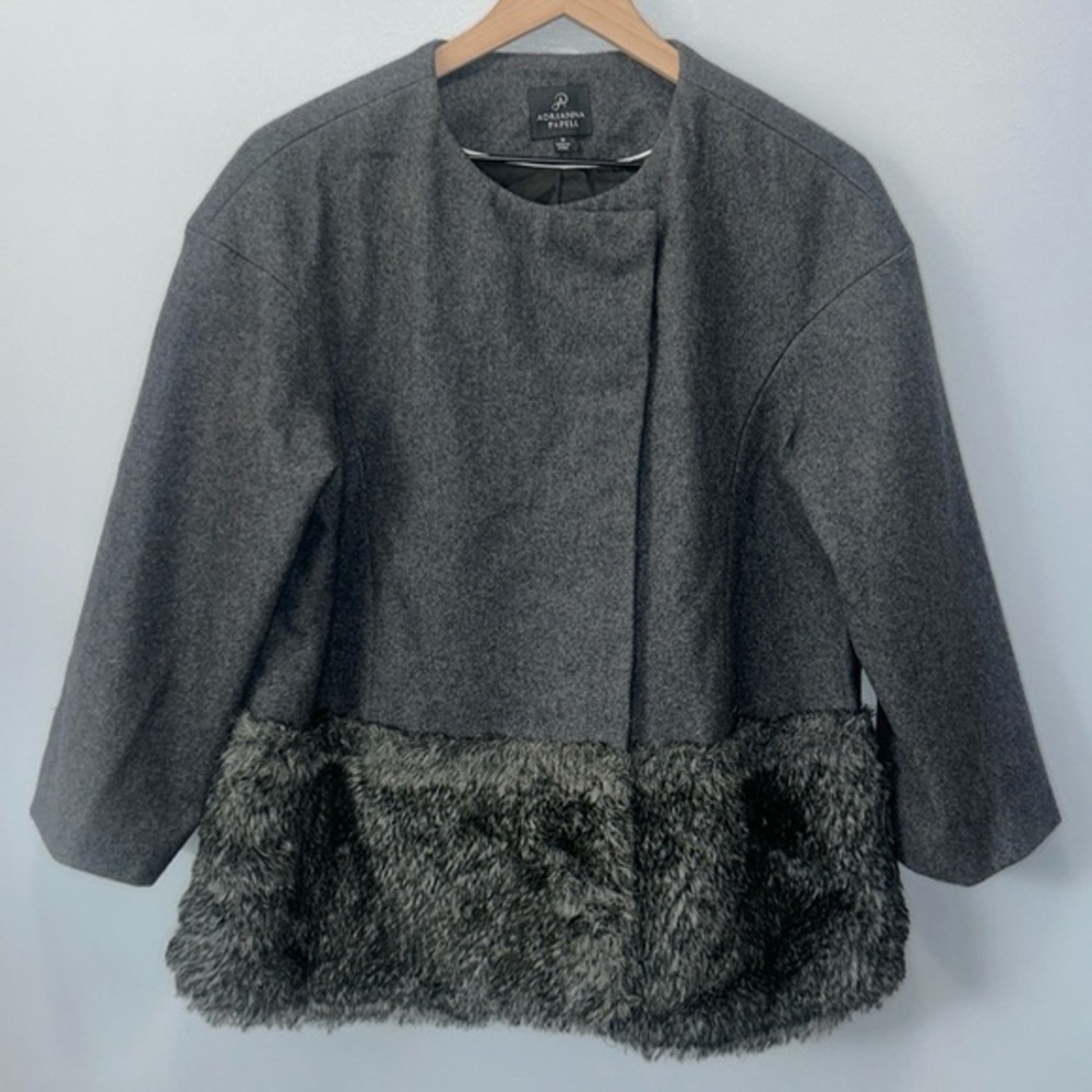 ADRIANNA PAPELL WOOL BLEND FAUX FUR GRAY SWING JACKET Coat Size Medium